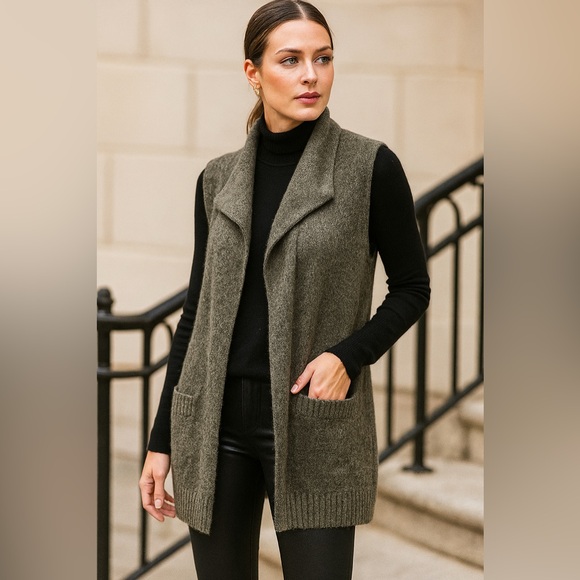 PAUW Amsterdam Oversized Cashmere Open Front Taupe Sweater Vest Pockets Small - Picture 1 of 14